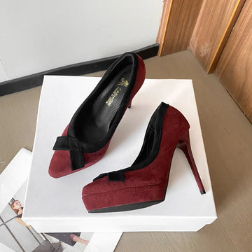 Xajzpa New Style Fashion Women's Popular Platform Super High Heels Women's Bow Small Pointed Toe Stiletto Single Shoes Zapatos Mujer